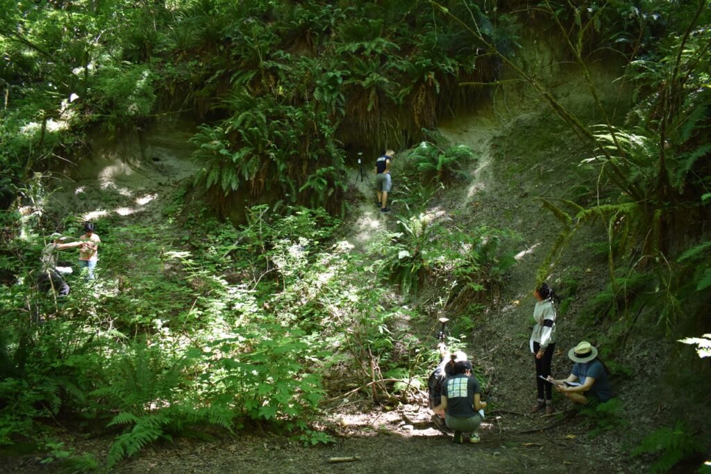 A group of people spread out around a landslide.