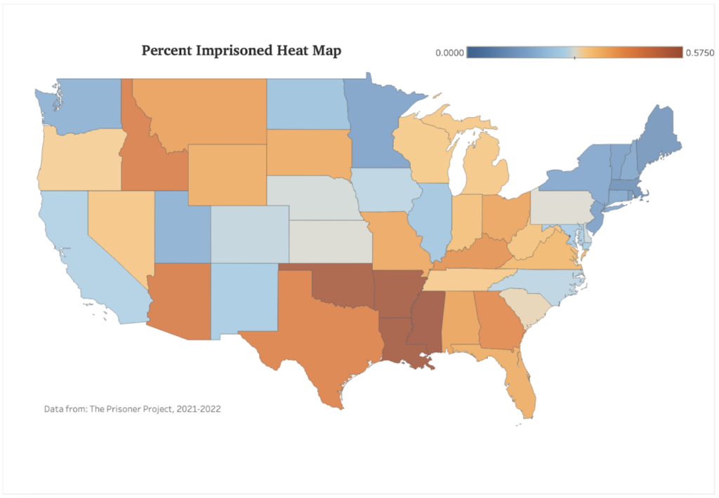 A map of the percent imprisoned in U.S. states.