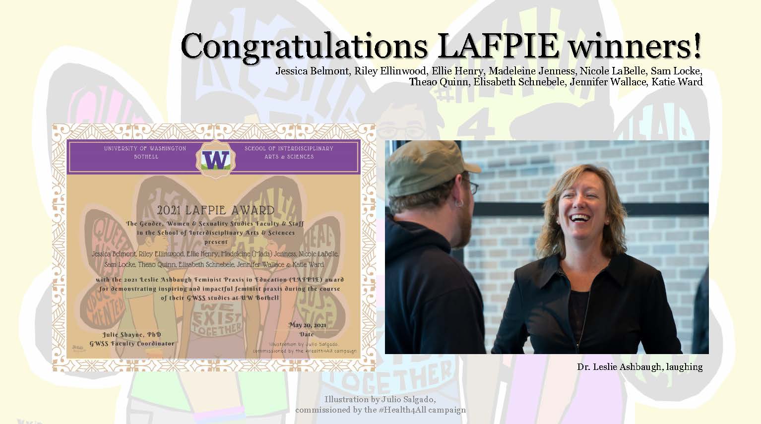 Text saying Congratulations LAFPIE winners! with the names of the new winners (listed in the post) an image of the award certificate and of Leslie Ashbaugh