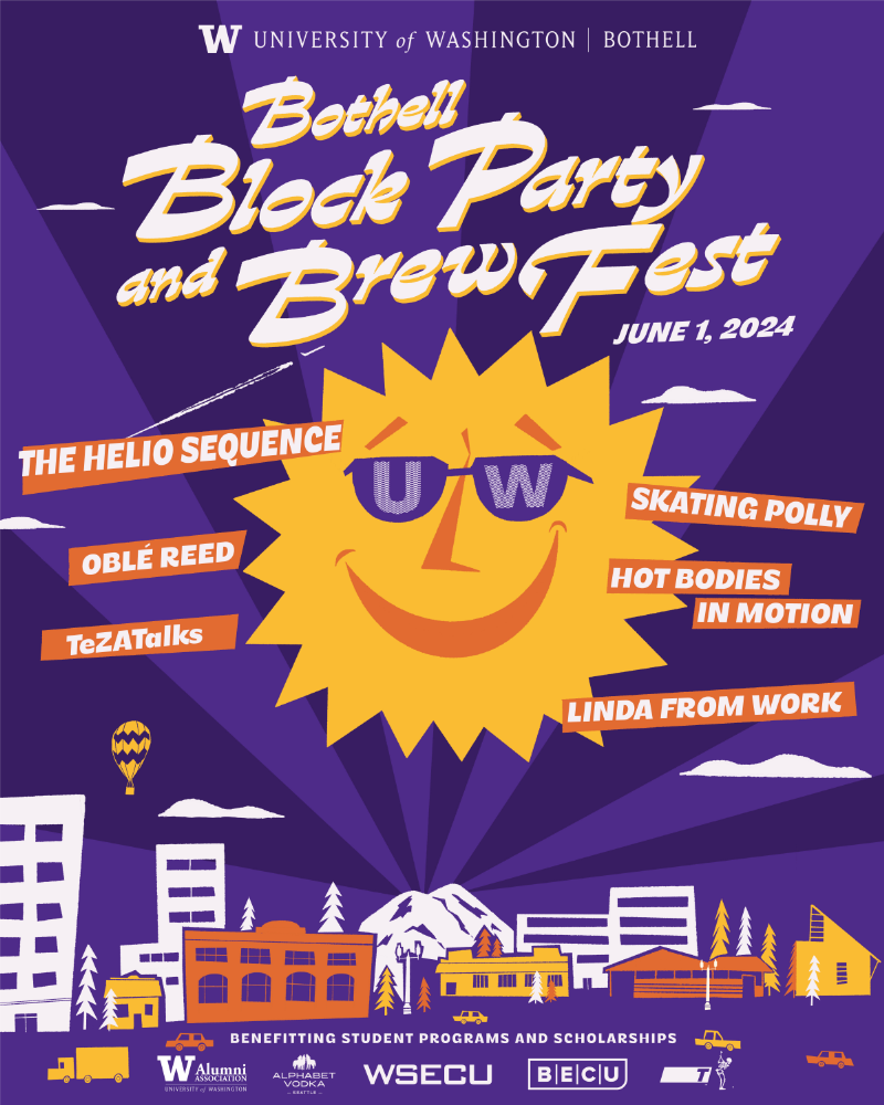 The Bothell Block Party and Brew Fest flyer showing a large sun in the center wearing sunglasses and smiling over a small city block. Band names and sponsor logos displayed.
