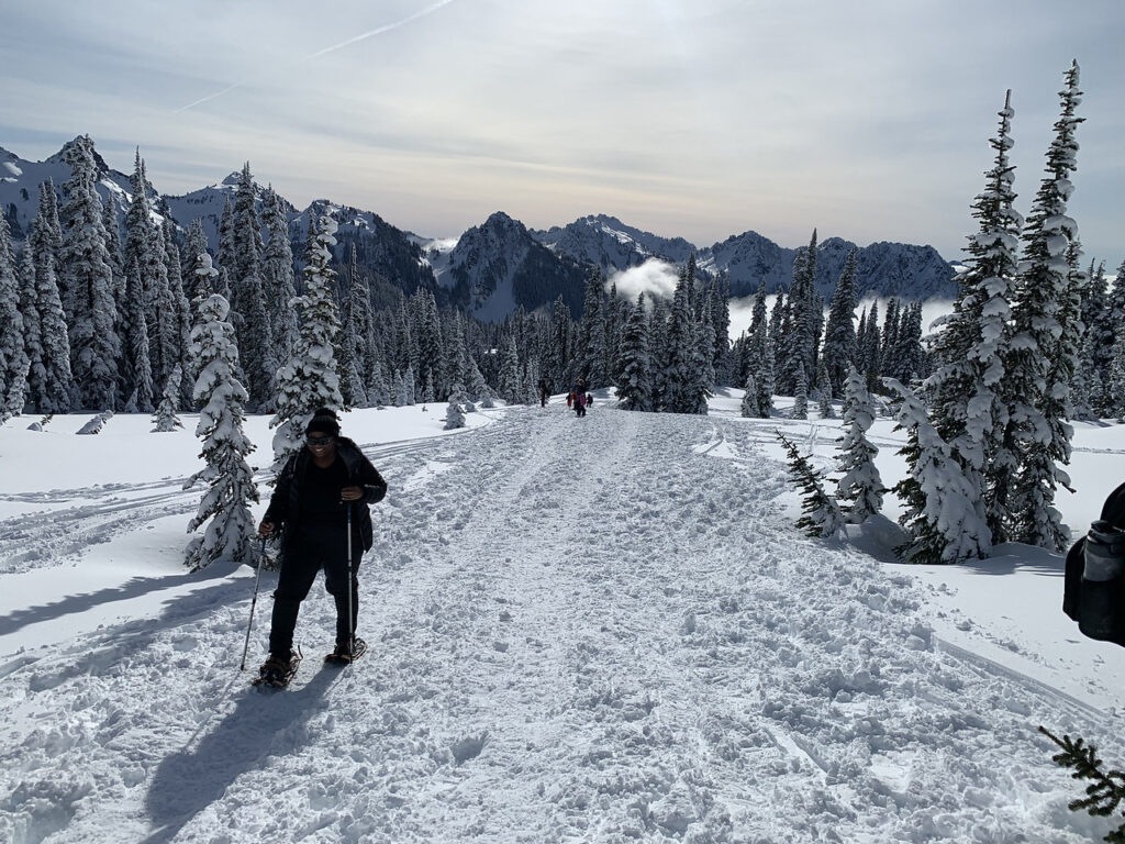 Student snowshoeing in the Mount Rainier Area