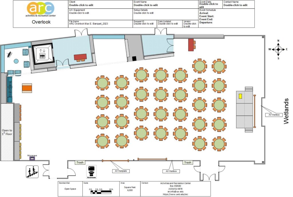 Diagram of room with rectangular stage on right side and 7 rows of round tables with 8 chairs to the left. Two rectangular tables on the North Wall.