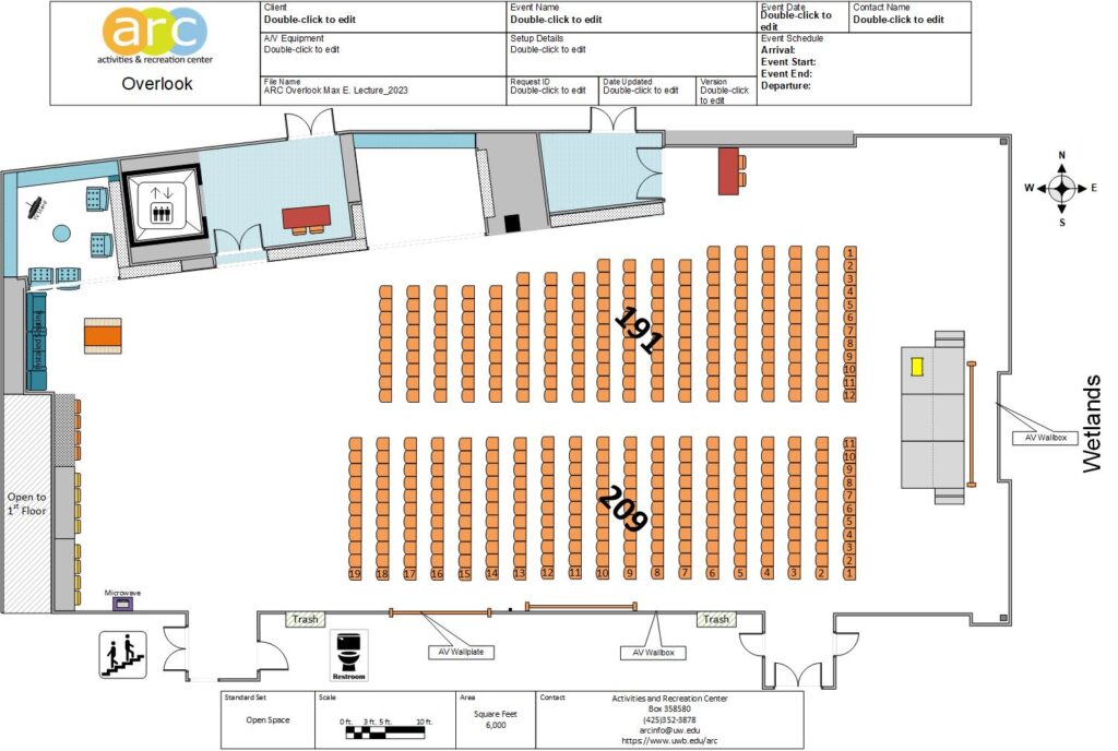 Diagram of room with rectangular stage on right side and 19 rows of chairs to the left of the stage. Chairs have an aisle in between 11th and 12th chair of the row.