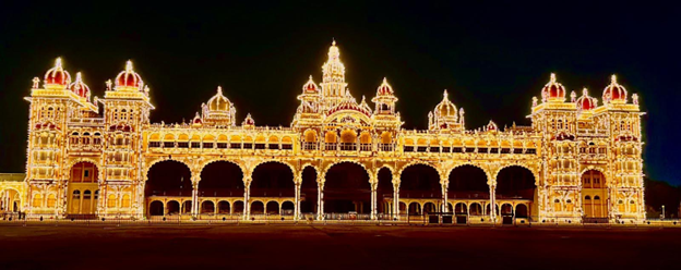 Mysore palace with full lighting at night