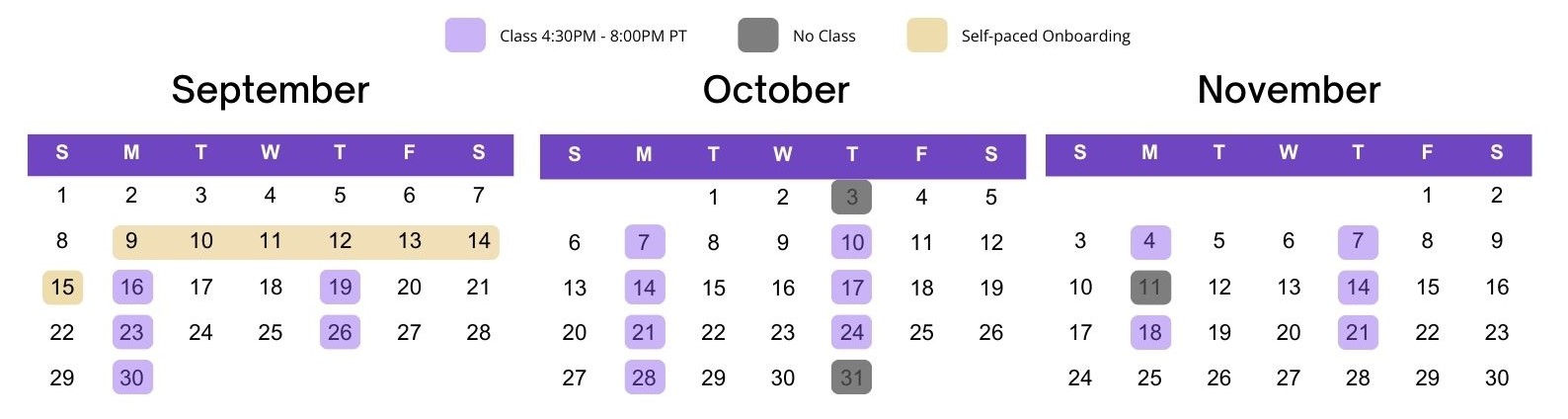 Class dates calendar for Sep-Nov 2024