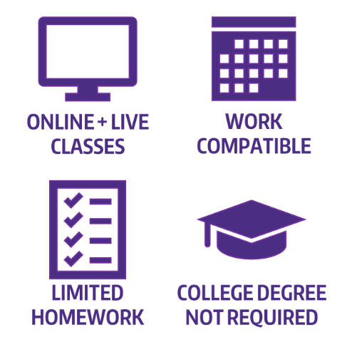 Mini-MBA program features include online and lives classes, work compatibility, limited homework, and no college degree required