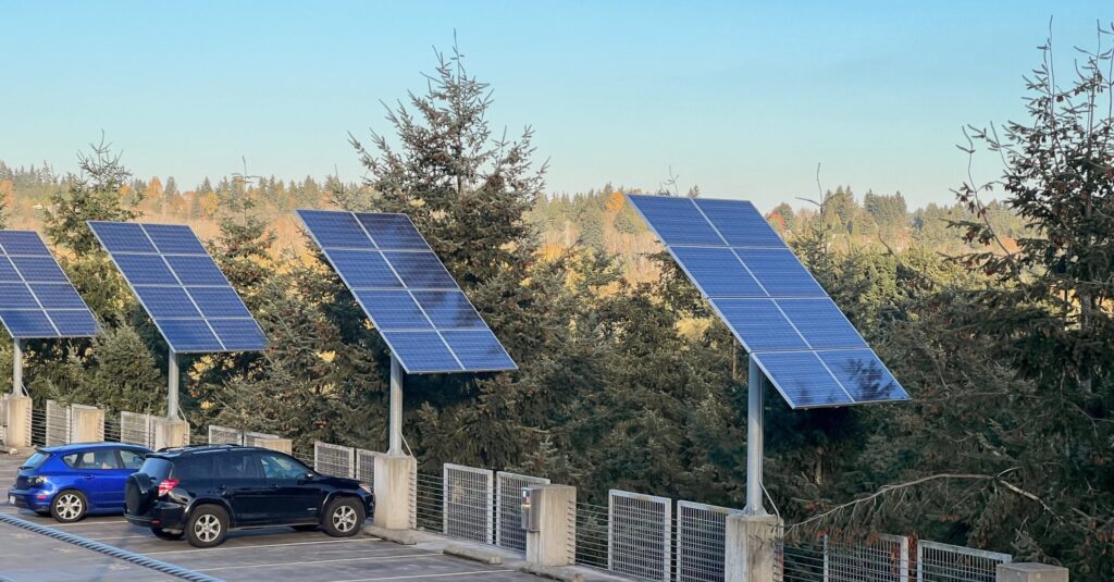 solar panel arrays on top of the parking garage