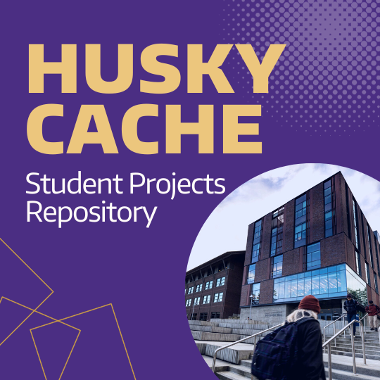 Graphic which reads Husky Cache Student Projects Repository with an image of student on UW Bothell campus
