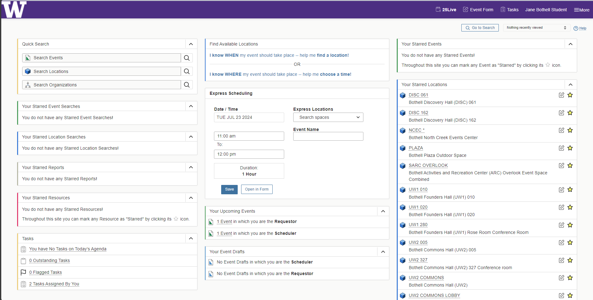 25Live Dashboard. 3 column sections on the dashboard to show locations, express scheduling, and searching for events and locations.