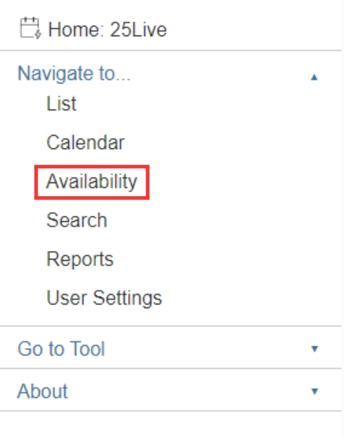 25Live Navigate to section drop down menu with the Availability tab highlighted.