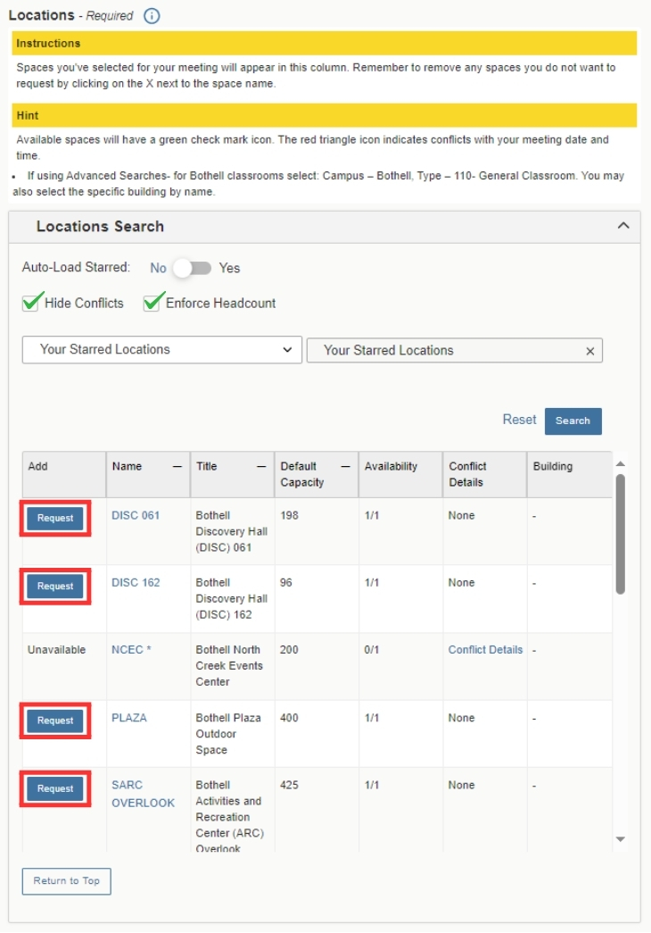 This is the 25Live locations section in the Event Form. Specific focus on the request buttons for each location that are available. The Hide Conflict and Enforce Headcount checkbox is also selected to filter the search.