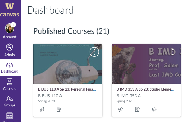 Canvas Dashboard page showing two course tiles