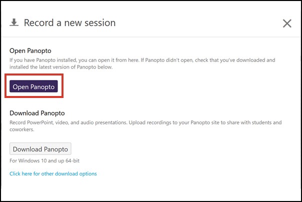 Record a new session window showing the open Panopto button.