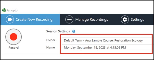 Recording name and course folder fields located in the Session settings section.