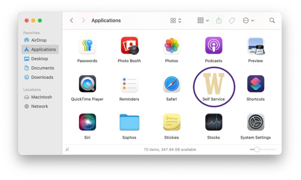 macOS applications showing Self Service with a W icon highlighted.