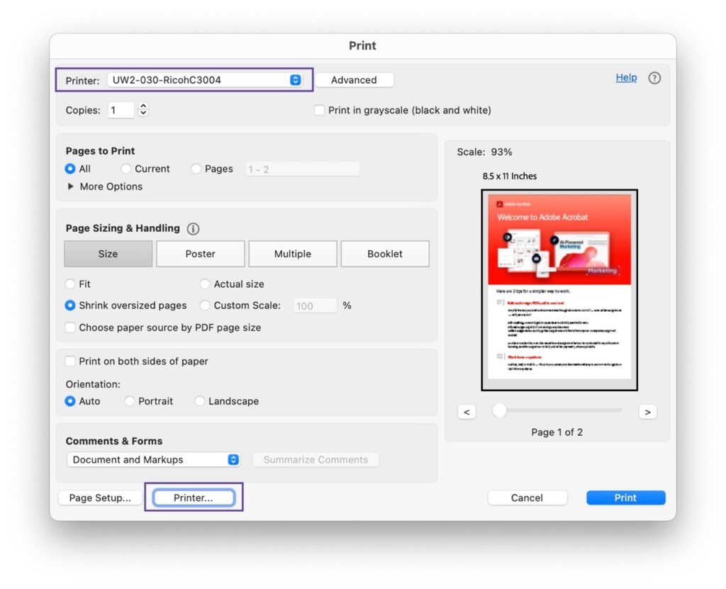 Adobe Acrobat print window showing the printer drop-down and the Printer... button highlighted.