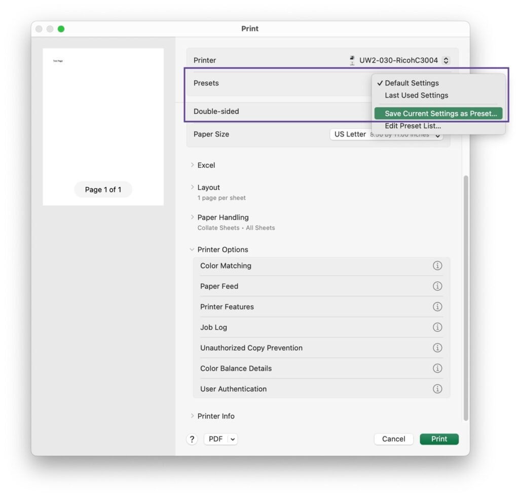 Print window showing the Save Current Setting as Preset... from the presents drop-down menu.