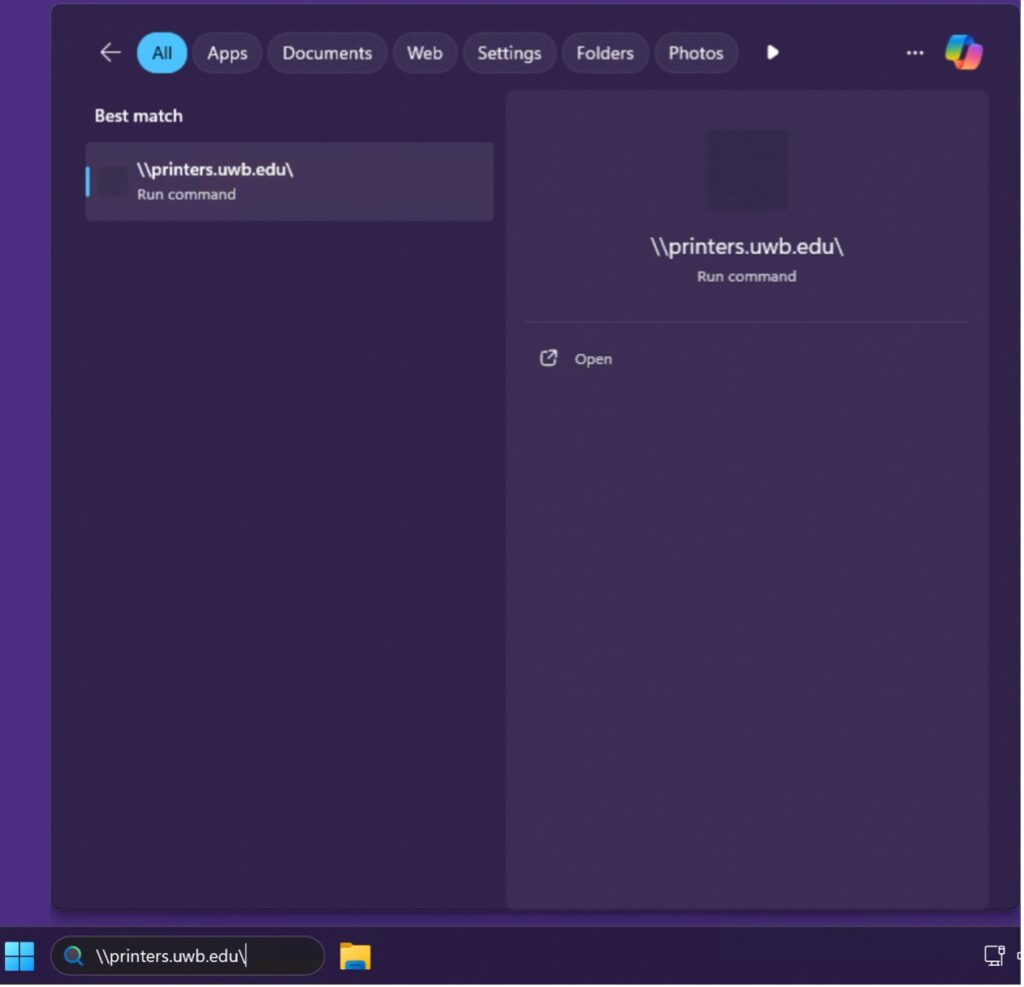 Window with Search field showing the run command for \\printers.uwb.edu\ and the open option.