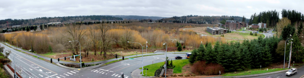 Elevated view of campus and wetland from Beardslee Boulevard.