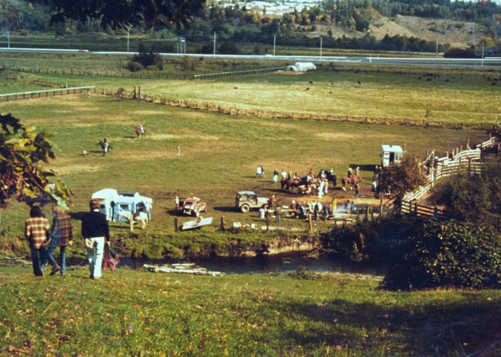 Kids stand on the hill where campus is today, looking out over the pastureland that is now the North Creek Wetland