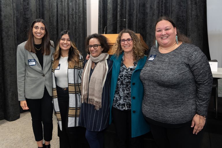 Alumnae Manveer Sandhu and Estephanie Guzman; GWSS co-coordinators Alka Kurian, associate teaching professor, and Julie Shayne, teaching professor; and alumna Mary Jane Topash