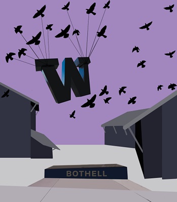 Illustration of crows flying off with big "W."