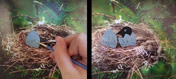 picture of a student painting eggs on a picture of an empty nest